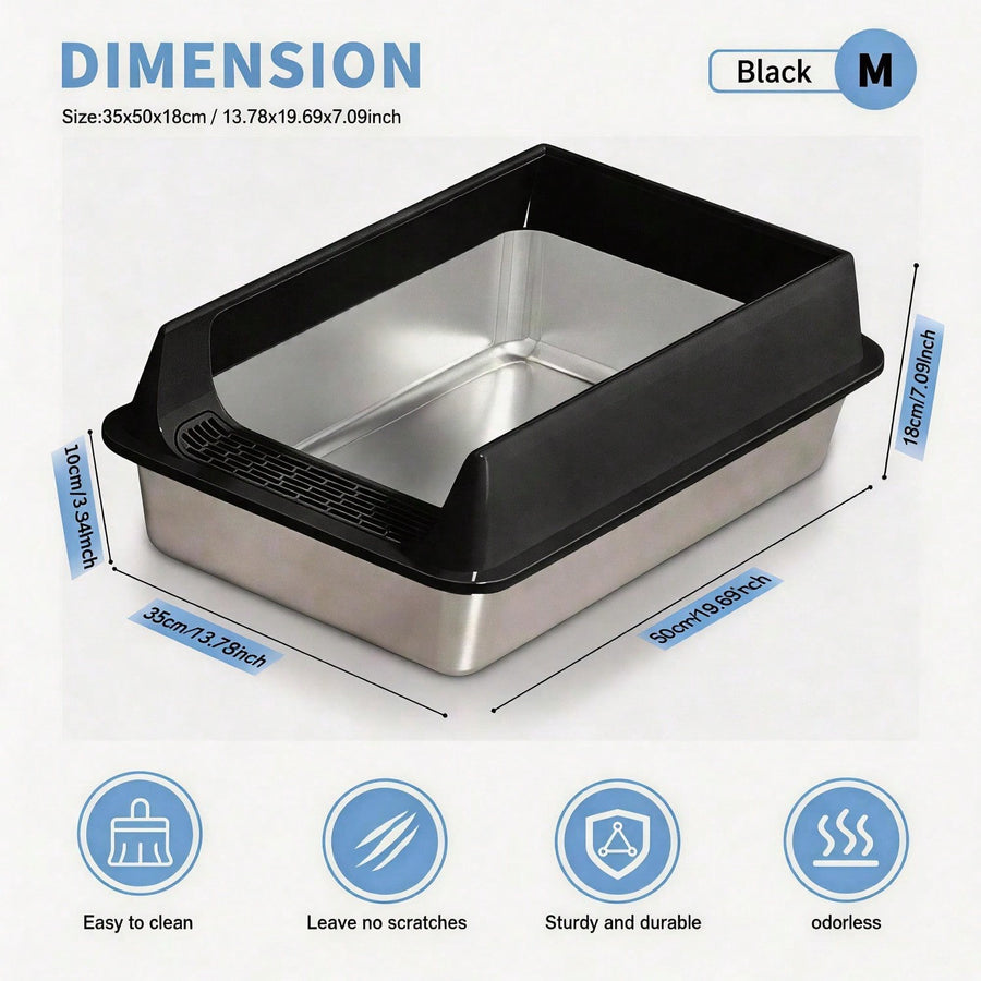 Stainless Steel Open Top Litter Box - High Sides, Anti Splash