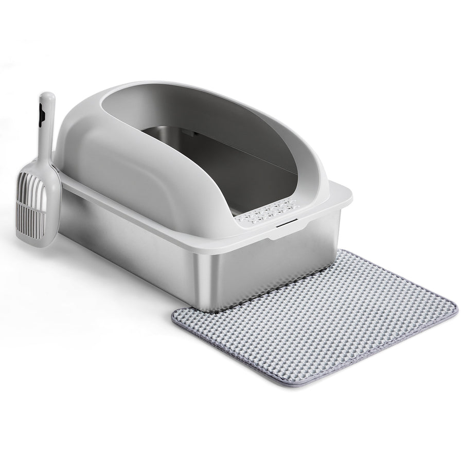 XL Stainless Steel Cat Litter Box with Lid - Scoop & Mat Included
