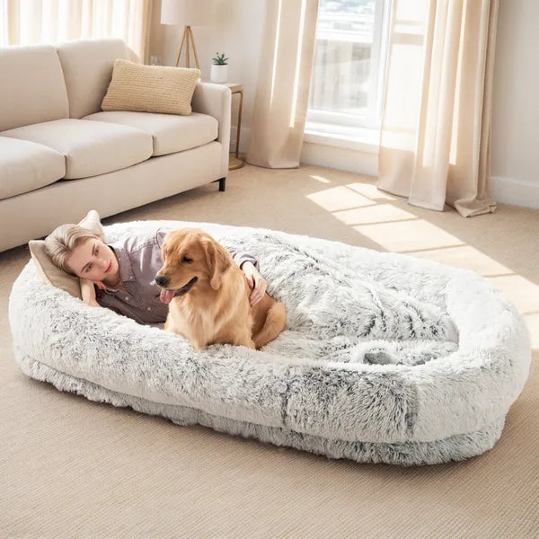Human-Size Dog Bed - Washable Faux Fur with Pillow & Blanket