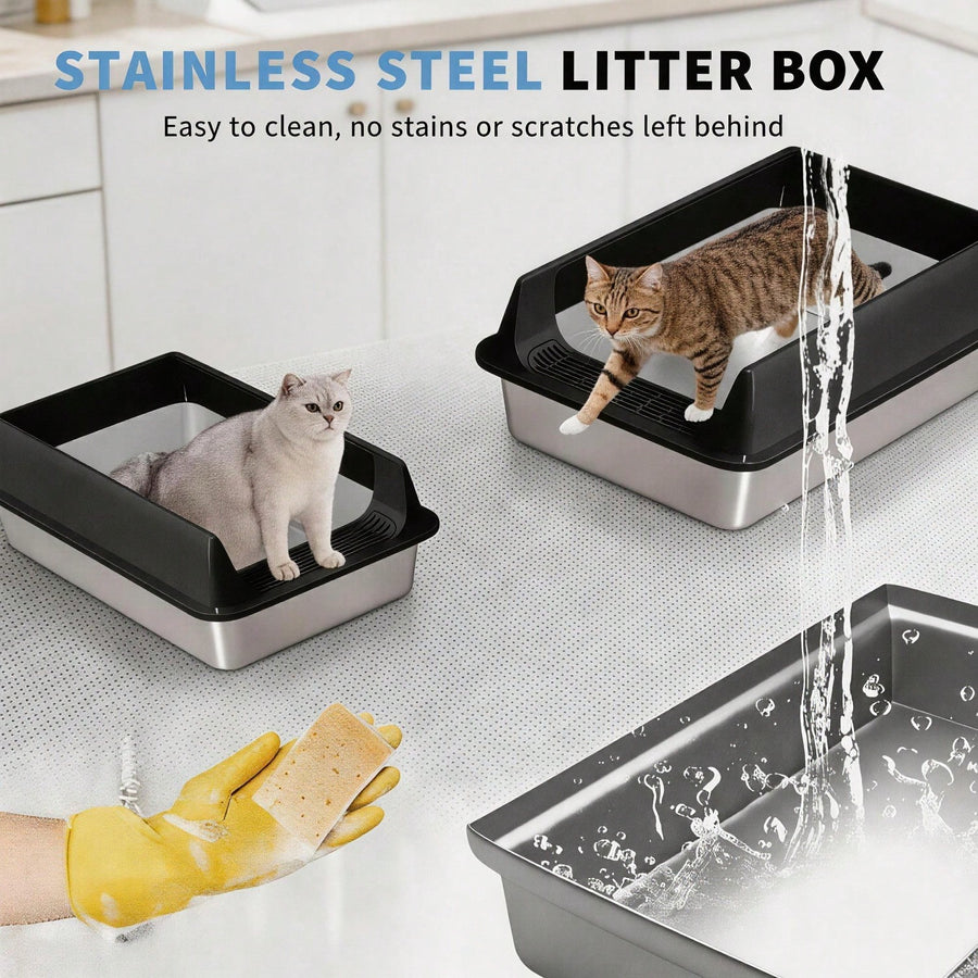 Stainless Steel Open Top Litter Box - High Sides, Anti Splash