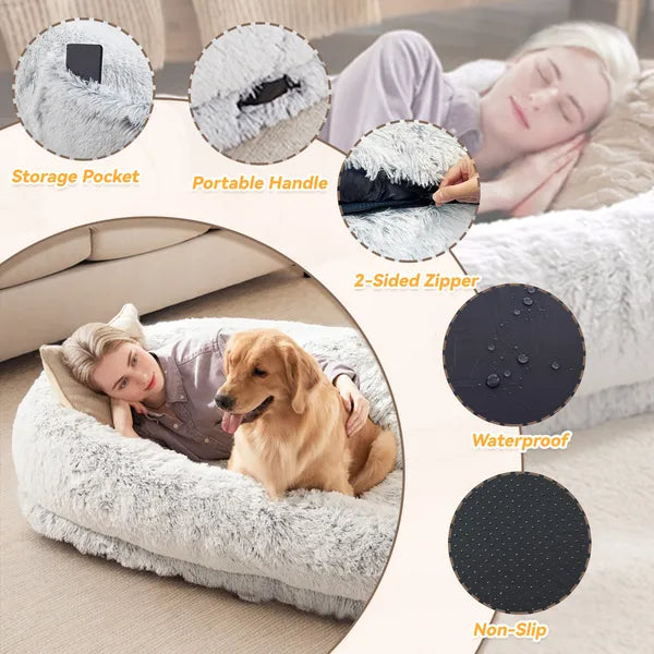 Human-Size Dog Bed - Washable Faux Fur with Pillow & Blanket