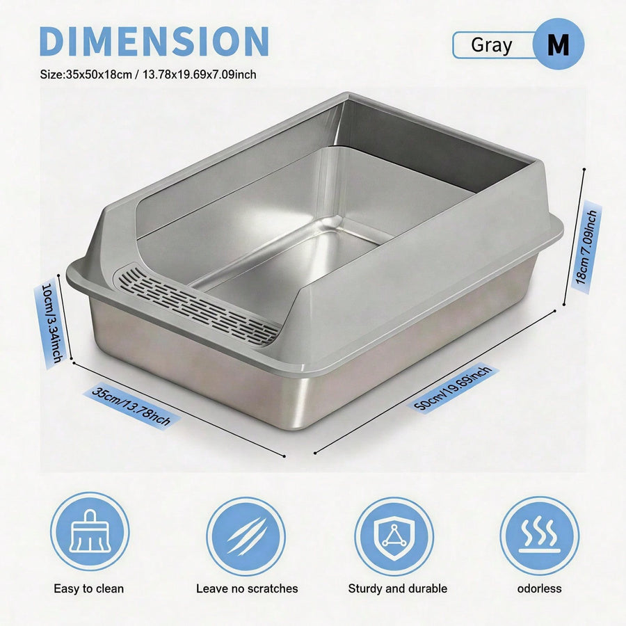 Stainless Steel Open Top Litter Box - High Sides, Anti Splash