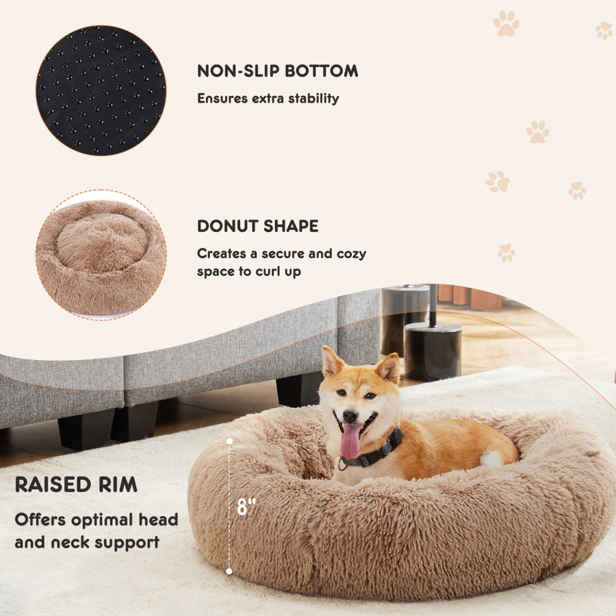 Calming Donut Pet Bed - Fluffy Faux Fur for Dogs & Cats