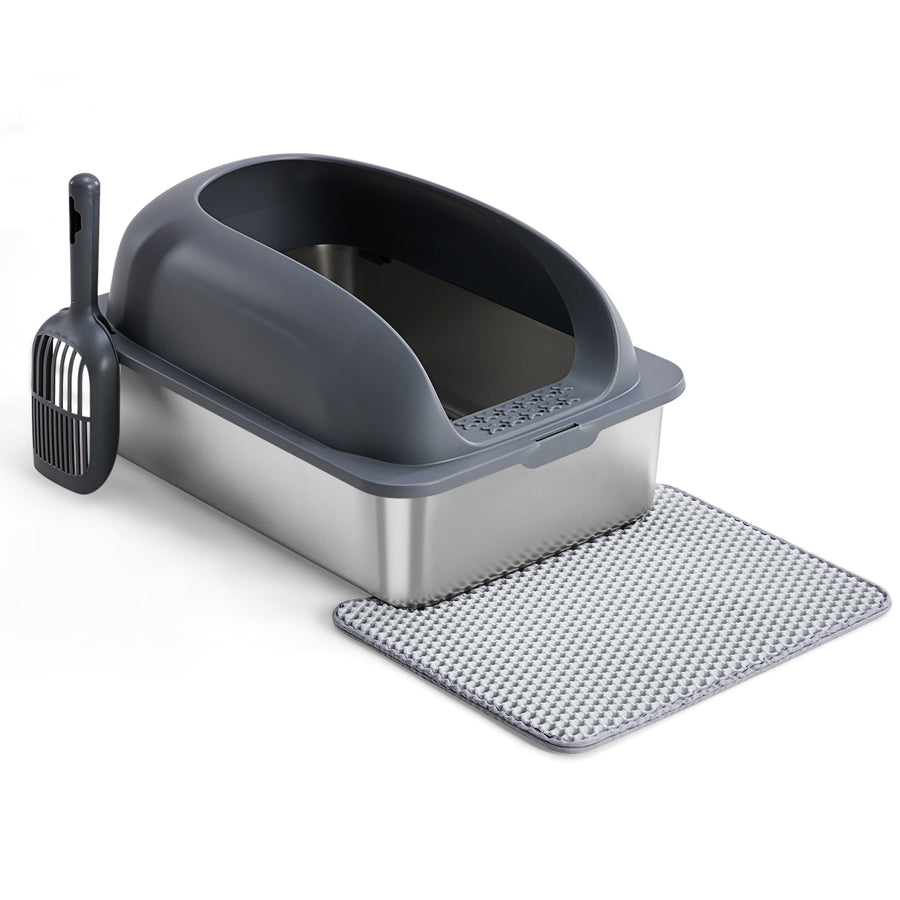 XL Stainless Steel Cat Litter Box with Lid - Scoop & Mat Included