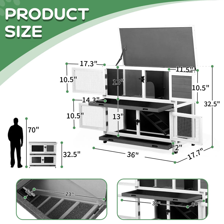 2-Story Wooden Rabbit Hutch - Indoor & Outdoor Small Pet House