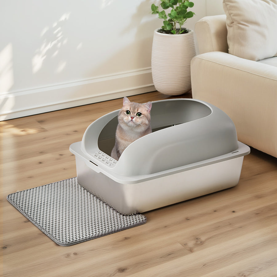 XL Stainless Steel Cat Litter Box with Lid - Scoop & Mat Included